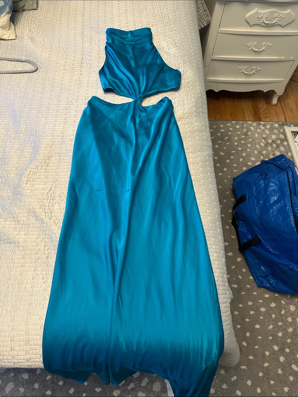 Amanda Uprichard Teal Satin Backless Cutout Maxi Dress